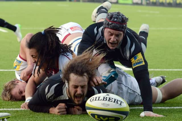 John Furno, of Newcastle, drops the ball on the Sale try-line during their clash. Picture: Getty