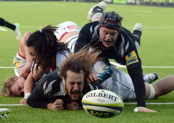 John Furno, of Newcastle,  drops the ball on the Sale try-line during their clash. Picture: Getty