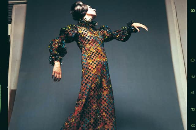 Spotted evening dress with ruffle collar and cuffs, c1974. Picture: Studio Press Holland