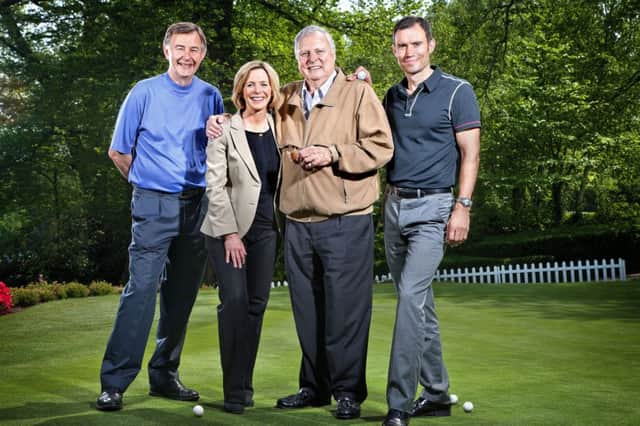The BBC golf team: Ken Brown, Hazel Irvine, Alliss and Andrew Cotter. Picture: BBC