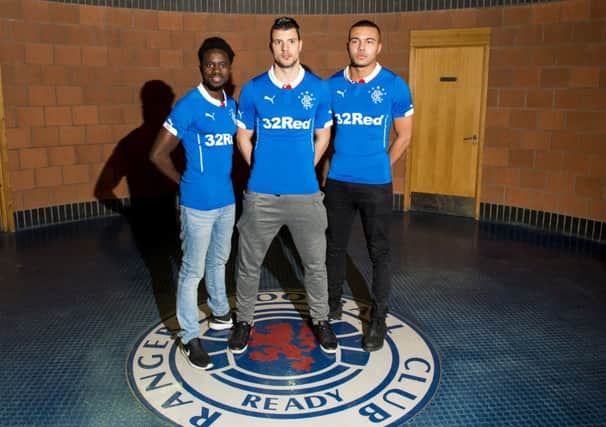 Rangers' unveil loan signings from Newcastle Gael Bigirimana, Haris Vuckic and Remie Streete. Picture: SNS