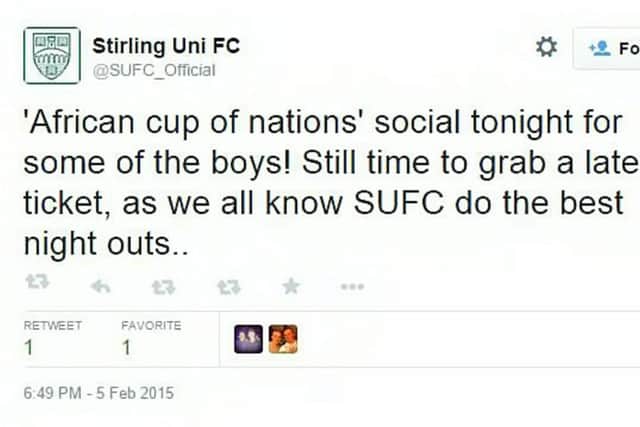 Tweet from Stirling Uni FC account. Picture: SWNS