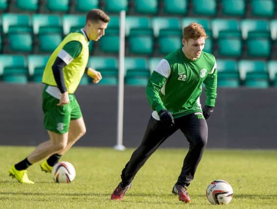 Hibernian's Fraser Fyvie gets on the ball at training. Picture: SNS