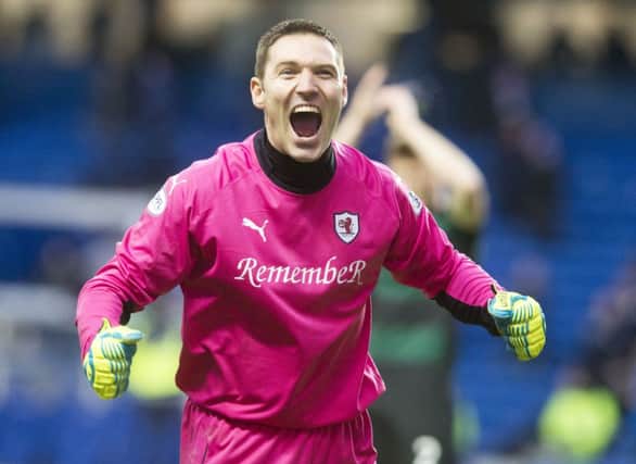 Raith goalkeeper David McGurn celebrates after his side knocked Rangers out of the Scottish Cup. Picture: PA