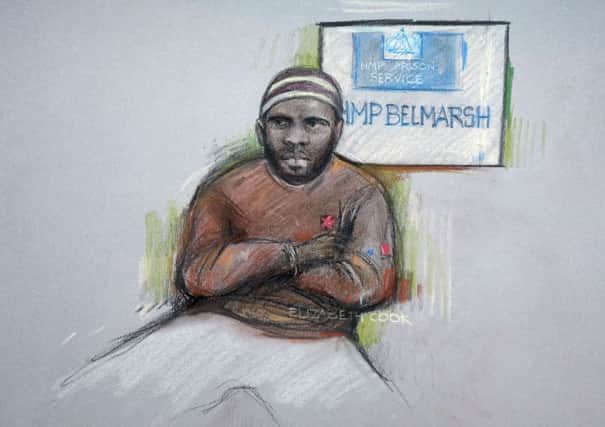 Brustholm Ziamani, seen in a court sketch, was caught with a 12in knife. Picture: Elizabeth Cook/PA