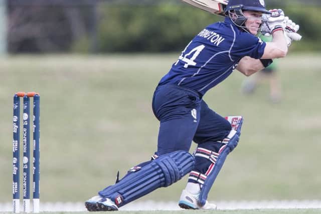 Scotlands Richie Berrington hits out on his way to a half-century in his sides thumping 179-run win over Ireland. Picture: SportPix