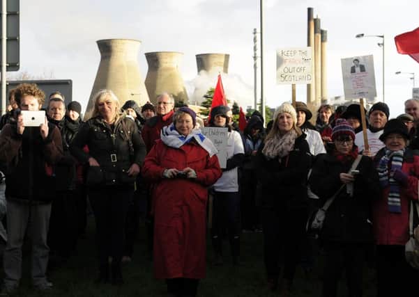 Anti-fracking demonstrators gather outside the Ineos plant in Grangemouth. Picture: Michael Gillen