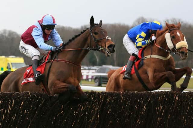 Lie Forritt, left, takes the final fence alongside Harry the Viking. Photograph: PA