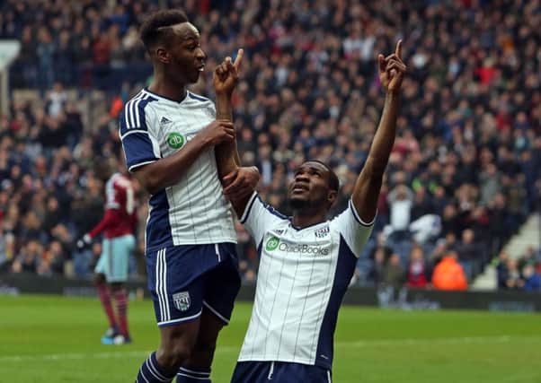 West Brom striker Brown Ideye, right, celebrates scoring the opening goal with team-mate Saido Berahino. Photograph: Getty Images