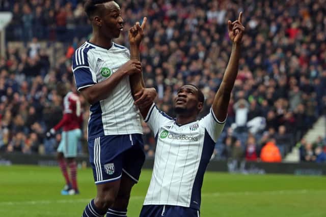 West Brom striker Brown Ideye, right, celebrates scoring the opening goal with team-mate Saido Berahino. Photograph: Getty Images