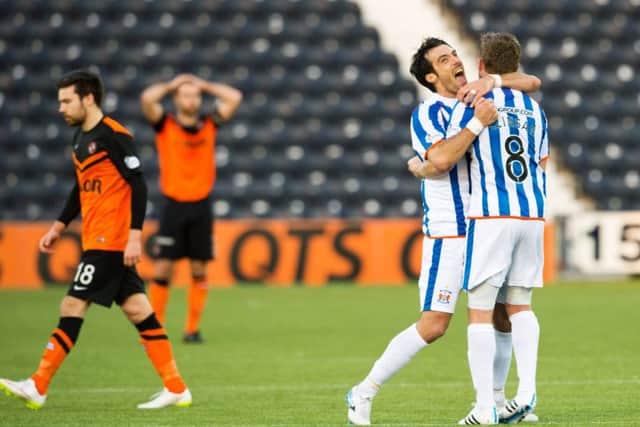 Kilmarnocks Manuel Pascali celebrates with Sammy Clingan (No 8). Picture: SNS