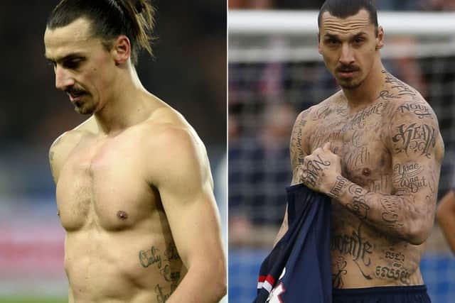 Left, how Zlatan Ibrahimovic usually looks, and right, with the 15 removable tattoos. Picture: AFP