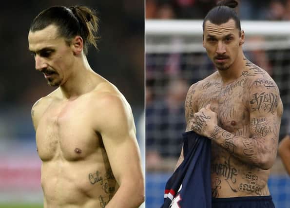 Left, how Zlatan Ibrahimovic usually looks, and right, with the 15 removable tattoos. Picture: AFP