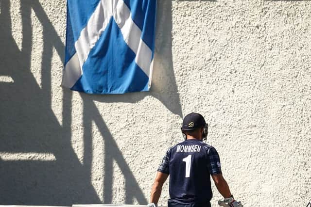 Preston Mommsen of Scotland leaves the field after being dismissed by Tim Southee of New Zealand. Picture: Getty
