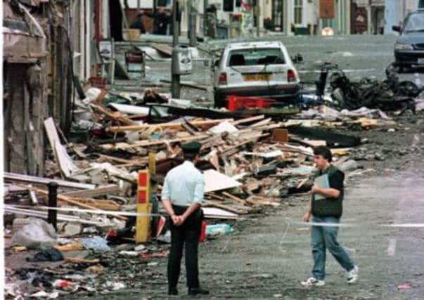 Market Street, Omagh after the Real IRA bombing of August 1998. Picture: Paul McErlane /PA
