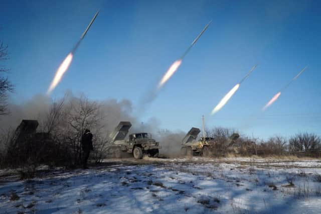 Pro-Russian rebels in the eastern Ukrainian city of Horlivka launch missiles yesterday. Picture: Getty