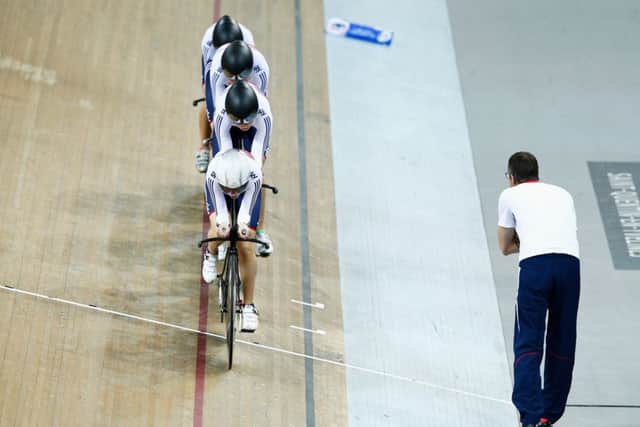 The British womens team pursuit quartet compete in yesterdays qualifying round. Picture: Getty