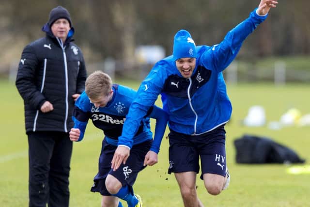 Rangers Haris Vuckic enjoys training ahead of tonights clash with Raith Rovers. Picture: SNS