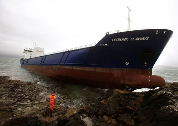 The stranded Lysblink Seaways container ship at Kilchoan. 
Picture: PA
