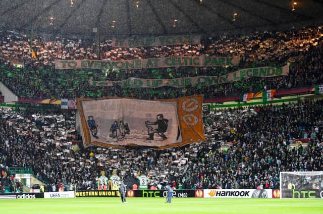 The Green Brigade display their banners ahead of Celtics Europa League clash. Picture: SNS