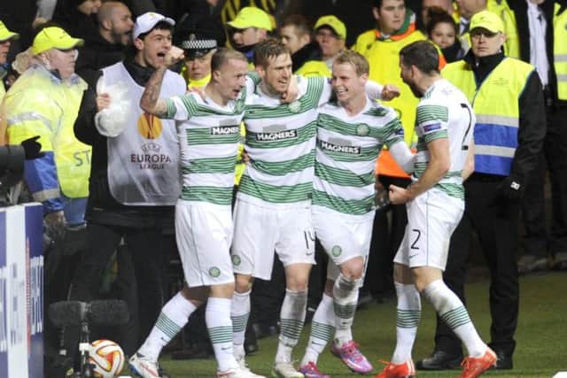 Celtic celebrate their second goal. Picture: John Devlin