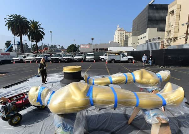 Wrapped Oscar statues at the rear of the LA ceremony venue. Picture: Getty