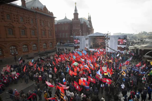 Pro-Putin protesters gather near the Kremlin on the anniversary of the Maidan protests in Ukraine. Picture: AP