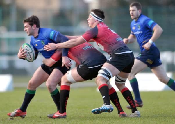 Boroughmuir's Mike Entwhistle is stopped in his tracks as he tries to make ground. Picture: Jane Barlow