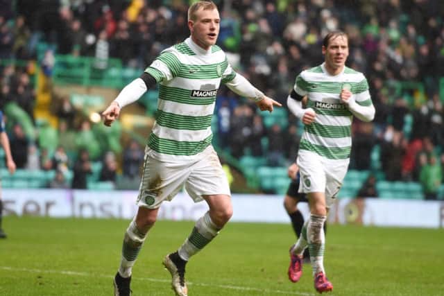 Goalscorers John Guidetti and Stefan Johansen celebrate the Swede's goal. Picture: SNS