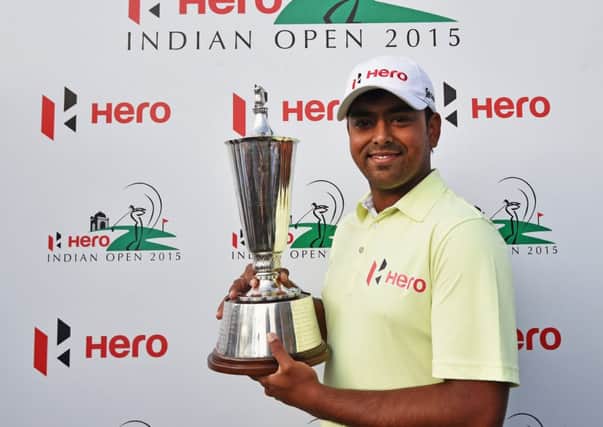 Anirban Lahiri celebrates after his play-off win in the Hero Indian Open. Picture: Getty
