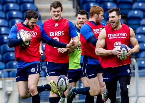 Scotland limber up in training at BT Murrayfield ahead of the Italy match. Picture: SNS