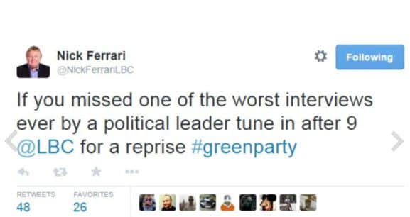 The Green Party leader is trending on social media after a "painful" and "awful" interview full of long silences. Picture: Twitter