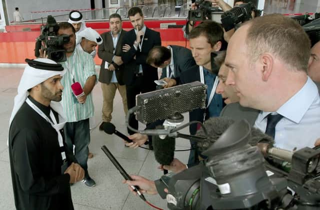 Hassan Al Thawadi, head of Qatar's 2022 World Cup organising committee, speaks to the press. Picture: Getty