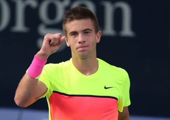 Borna Coric of Croatia celebrates after beating Andy Murray. Picture: AP
