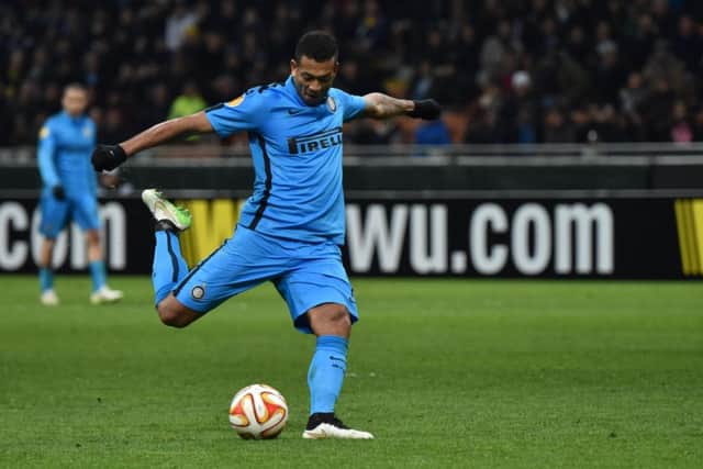 Fredy Guarin unleashes a blistering shot that put Inter Milan ahead. Picture: Getty