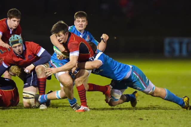 George Horne, brother of Scotland stand-off Peter, on the attack for Scotland Under 20s at Netherdale last night. Picture: SNS