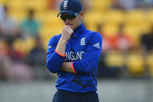 England captain Eoin Morgan appears deep in thought as his side slumped to a nine-wicket defeat. Picture: Getty