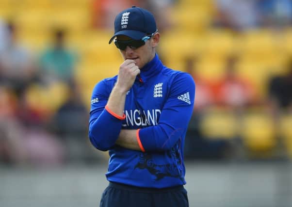England captain Eoin Morgan appears deep in thought as his side slumped to a nine-wicket defeat. Picture: Getty