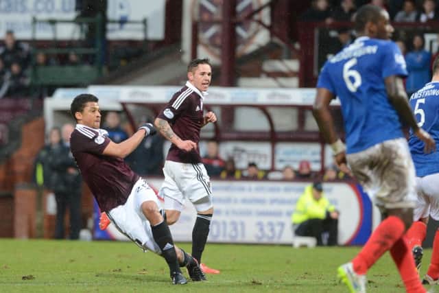 Osman Sow scores Hearts tenth goal. Picture: Neil Hanna