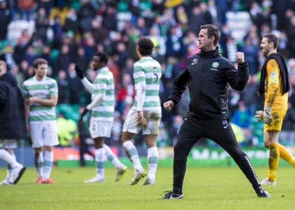 Celtic manager Ronny Deila celebrates with the home support at full-time. Picture: SNS