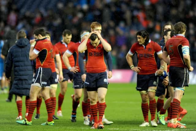 The dismay on the faces of the Scottish players after the final whistle was clear to all at Murrayfield on Saturday. Picture: Jane Barlow