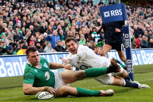 Robbie Henshaw, of Ireland, touches down the ball to score the only try of the game. PicturE: Getty