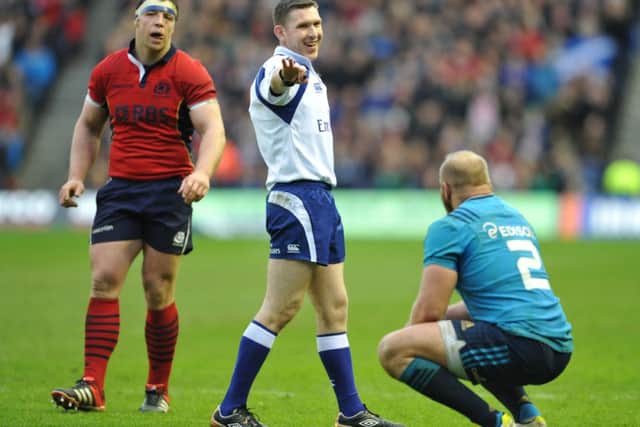 A smiling referee George Clancy at Murrayfield on Saturday. Picture: Ian Rutherford