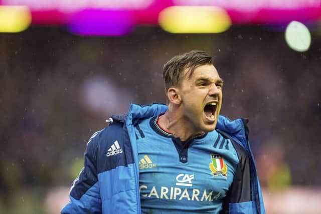 Simone Favaro celebrates Italy's dramatic win at BT Murrayfield. Picture: SNS