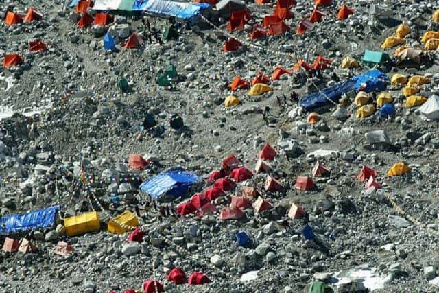 Aerial photograph of Everest Base camp, a large tent city full of climbers at 18,000 ft. Picture: Getty