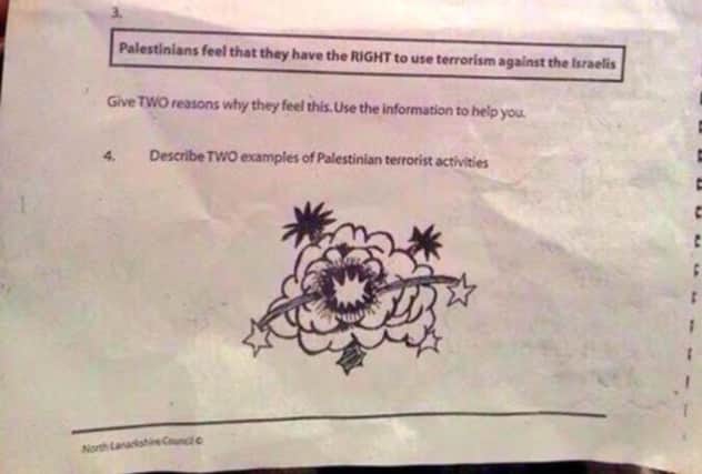 The question on the homework sheet, asking pupils to give examples of 'Palestinian terrorist activities'. Picture: Contributed
