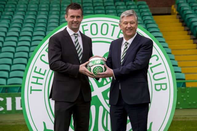 Peter Lawwell, right, and Ronny Deila announce Celtic's new sponsorship deal. Picture: SNS