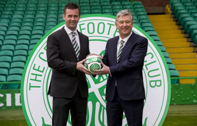 Peter Lawwell, right, and Ronny Deila announce Celtic's new sponsorship deal. Picture: SNS