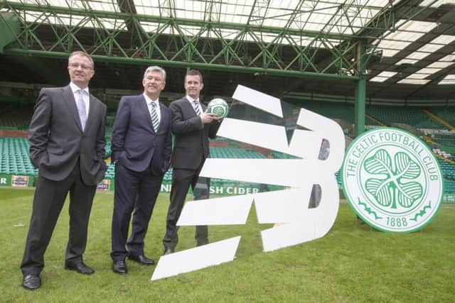 Celtic manager Ronny Deila, New Balance Football general manager Richard Wright and Celtic chief executive Peter Lawwell at Celtic Park. Picture: PA/JSHPix.co.uk