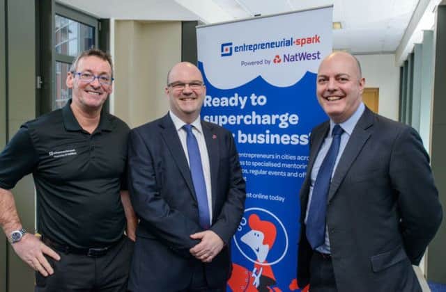 Jim Duffy of ESpark, left, with Haydn Thomas, centre, and Gordon Merrylees of NatWest/RBS. Picture: Contributed